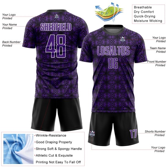 Uniform Jersey Lila Fußball Formen Benutzerdefinierte Geometrische Schwarz-Weiß Sublimation Uniform Jersey Lila Fußball Formen Benutzerdefinierte Geometrische Schwarz-Weiß Sublimation