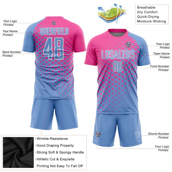 Helle benutzerdefinierte rosa-weiße Uniform blaues Trikot Fußball Sublimation Helle benutzerdefinierte rosa-weiße Uniform blaues Trikot Fußball Sublimation