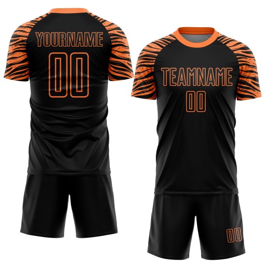 Benutzerdefinierte Sublimation Streifen Schwarz Jersey Fußball Orange Uniform Tiger Benutzerdefinierte Sublimation Streifen Schwarz Jersey Fußball Orange Uniform Tiger