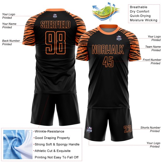 Benutzerdefinierte Sublimation Streifen Schwarz Jersey Fußball Orange Uniform Tiger Benutzerdefinierte Sublimation Streifen Schwarz Jersey Fußball Orange Uniform Tiger