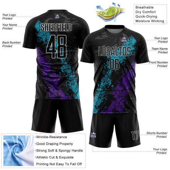 Teal-Lila Splatter Schwarz Jersey Uniform Fußball Sublimation Custom Dripping Art Teal-Lila Splatter Schwarz Jersey Uniform Fußball Sublimation Custom Dripping Art