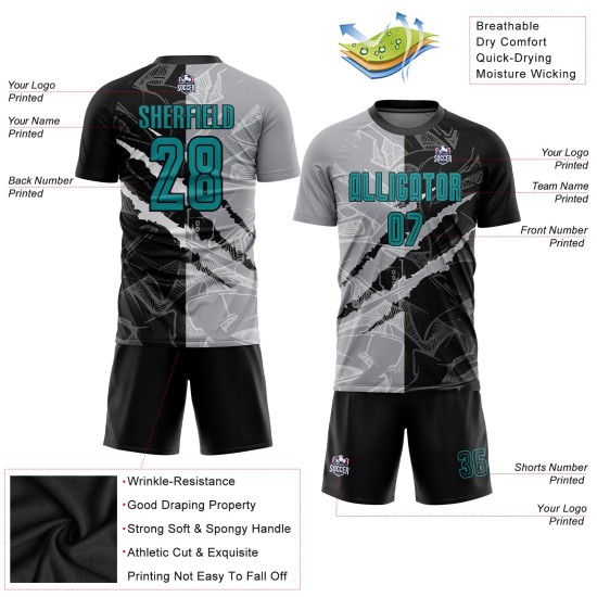 Muster Sublimation Teal Custom Graffiti Scratch Jersey Uniform Fußball Schwarz-Grau Muster Sublimation Teal Custom Graffiti Scratch Jersey Uniform Fußball Schwarz-Grau