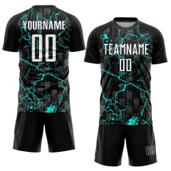 Trikotuniform Weiß-Aqua Benutzerdefinierte Fußballsublimation Schwarzer Blitz Trikotuniform Weiß-Aqua Benutzerdefinierte Fußballsublimation Schwarzer Blitz