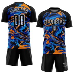 Fußball-Uniform, schwarz, individuell sublimiert, schwarzes Trikot, königsblau Fußball-Uniform, schwarz, individuell sublimiert, schwarzes Trikot, königsblau