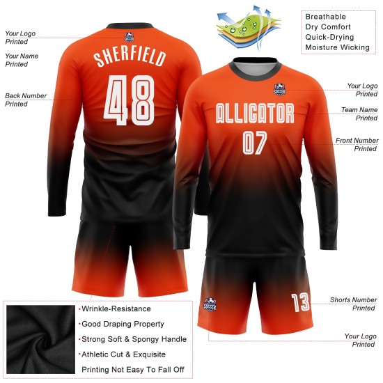 Uniform Sublimation Mode Lange Fußball Orange Weiß-Schwarz Custom Sleeve Jersey Verblassen Uniform Sublimation Mode Lange Fußball Orange Weiß-Schwarz Custom Sleeve Jersey Verblassen