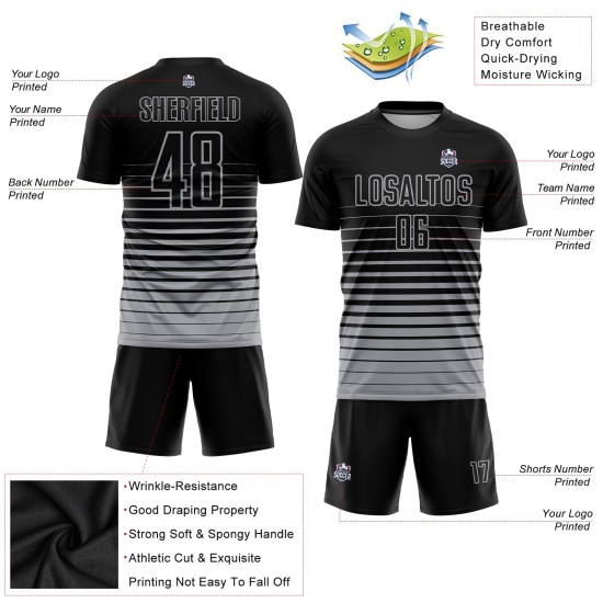 Schwarz Fashion Fade Sublimation Uniform Nadelstreifen Custom Jersey Grau Fußball Schwarz Fashion Fade Sublimation Uniform Nadelstreifen Custom Jersey Grau Fußball
